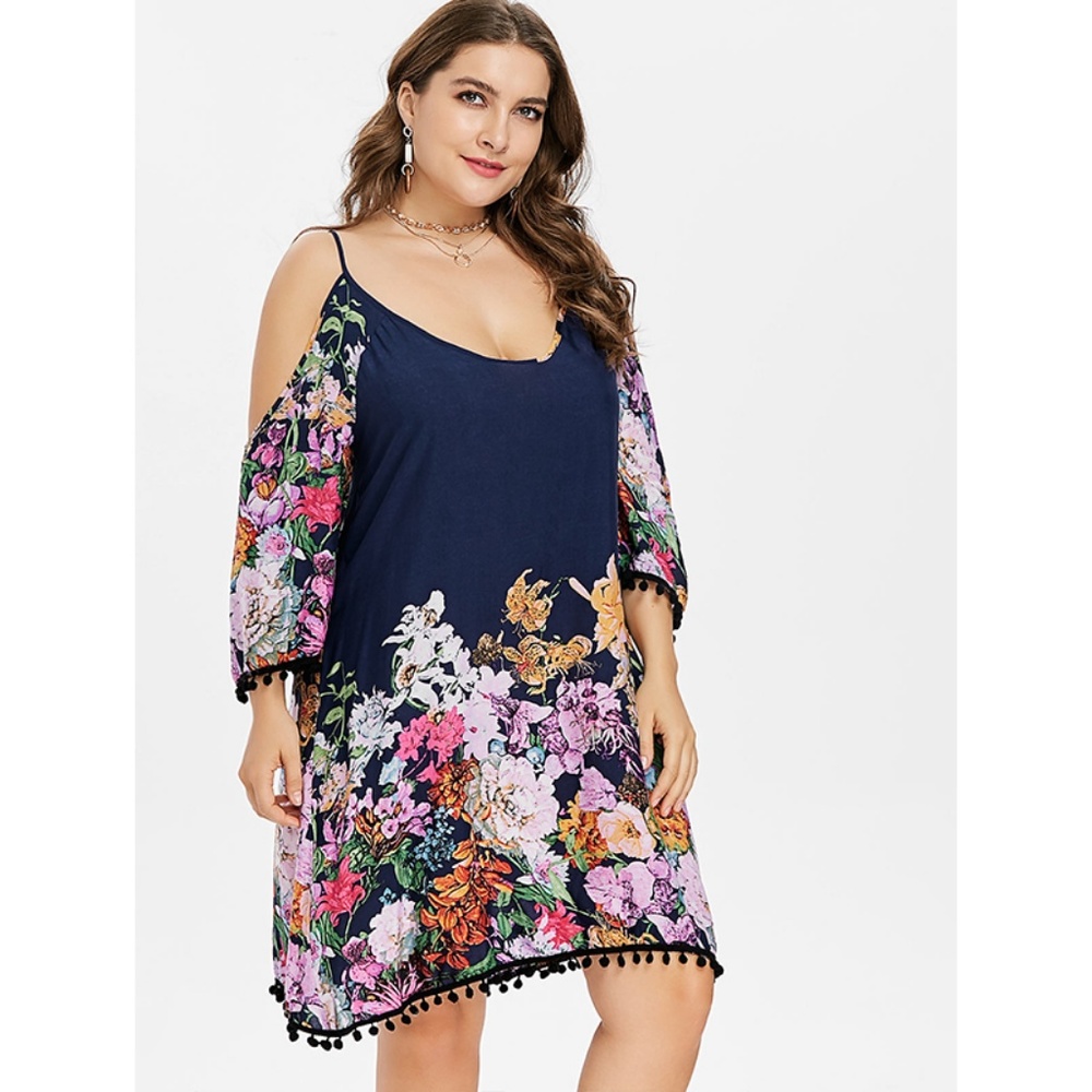 Plus Size Floral Cold Shoulder Dress - Slate Blue - Picture 3 of 8